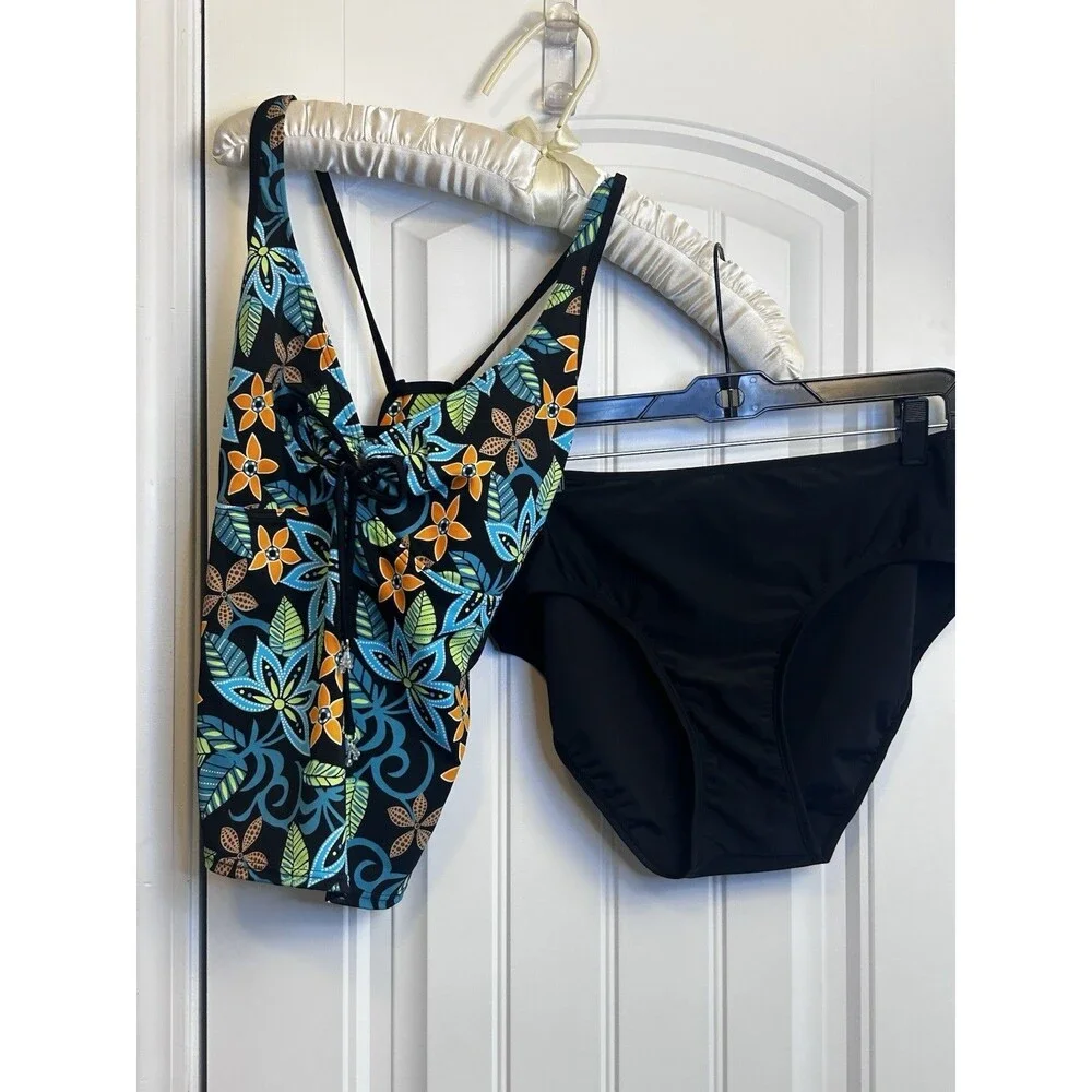 Baltex Pineapple Bay Tankini Swimsuit Size 14 Floral Black 2 Piece NWT Swim Set